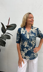 Yasmin Short sleeve pure cotton shirt in blue flower