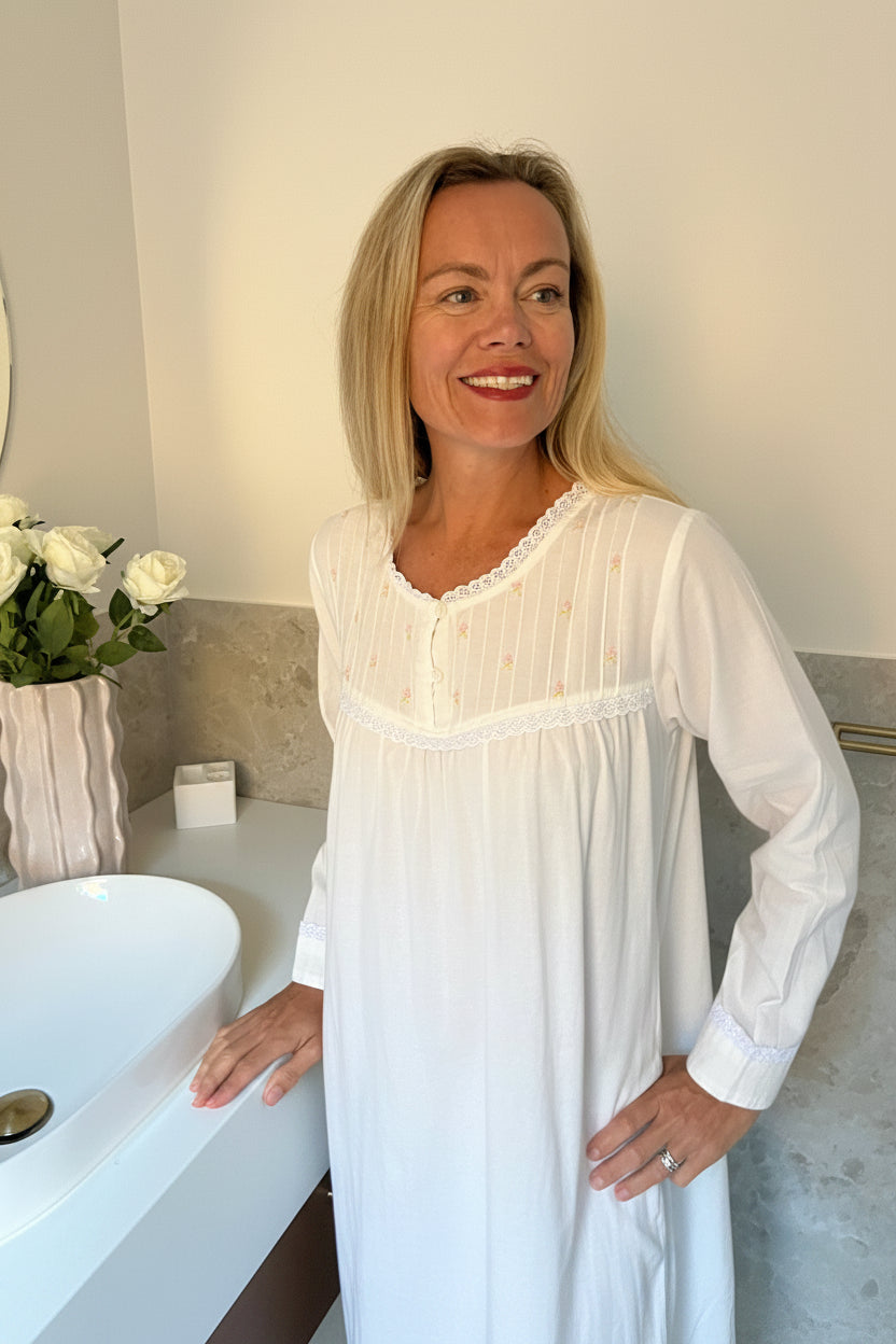 Cora Brushed Cotton  Long Sleeve & Long length White Nightgown