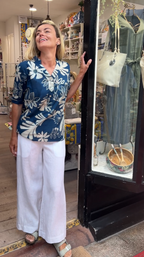 Yasmin Short sleeve pure cotton shirt in blue flower