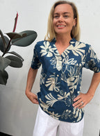 Yasmin Short sleeve pure cotton shirt in blue flower