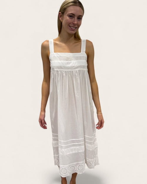 Andrea in White pure Cotton lace nightie with narrow straps