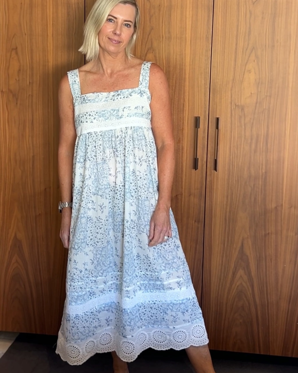 Andrea in floral blue check pure Cotton lace nightie with narrow straps