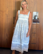 Andrea in floral blue check pure Cotton lace nightie with narrow straps
