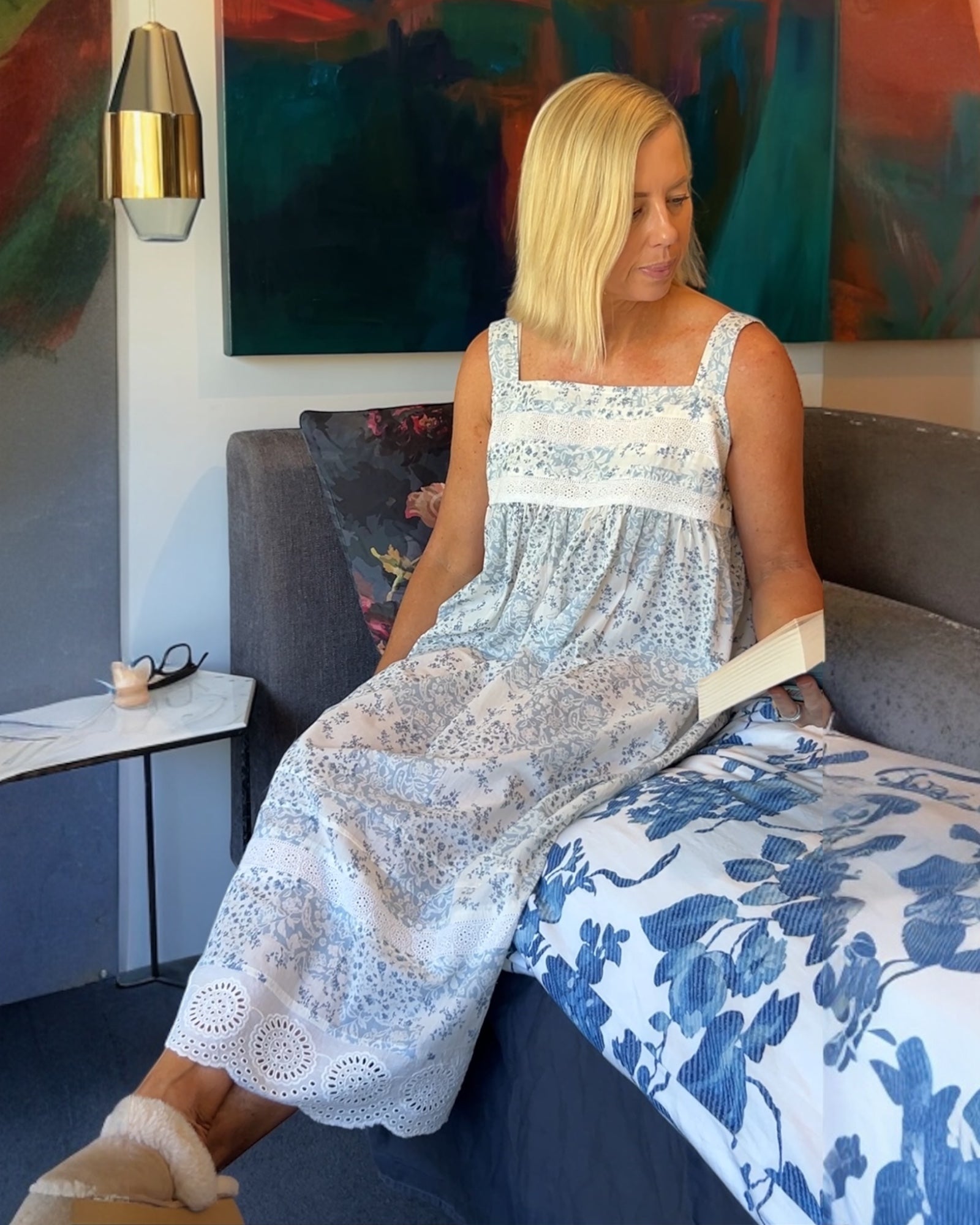 Andrea in floral blue check pure Cotton lace nightie with narrow straps