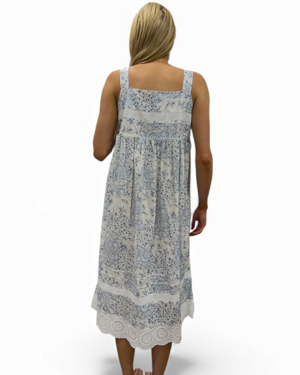 Andrea in floral blue check pure Cotton lace nightie with narrow straps