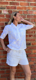 Yasmin Short sleeve Shirt in floral off white embroidered pure white cotton