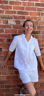 Yasmin Short sleeve Shirt in floral off white embroidered pure white cotton