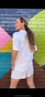 Yasmin Short sleeve Shirt in floral off white embroidered pure white cotton