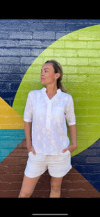 Yasmin Short sleeve Shirt in floral off white embroidered pure white cotton
