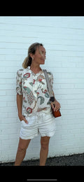 Yasmin Short sleeve Shirt in Natural Peacock pure Cotton