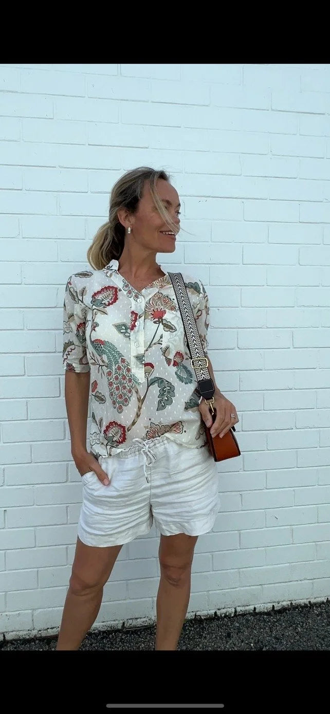 Yasmin Short sleeve Shirt in Natural Peacock pure Cotton