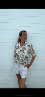 Yasmin Short sleeve Shirt in Natural Peacock pure Cotton