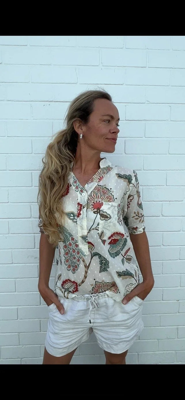 Yasmin Short sleeve Shirt in Natural Peacock pure Cotton