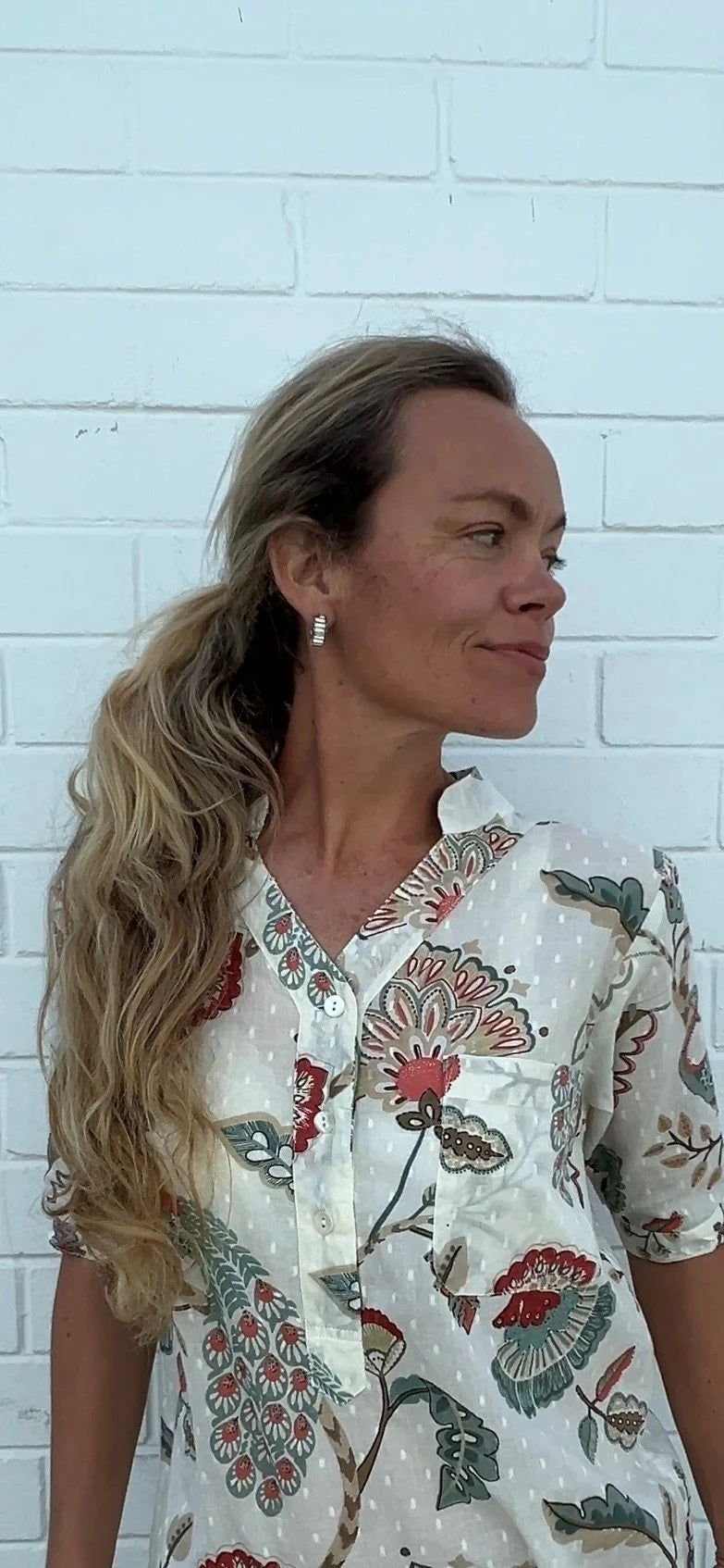 Yasmin Short sleeve Shirt in Natural Peacock pure Cotton