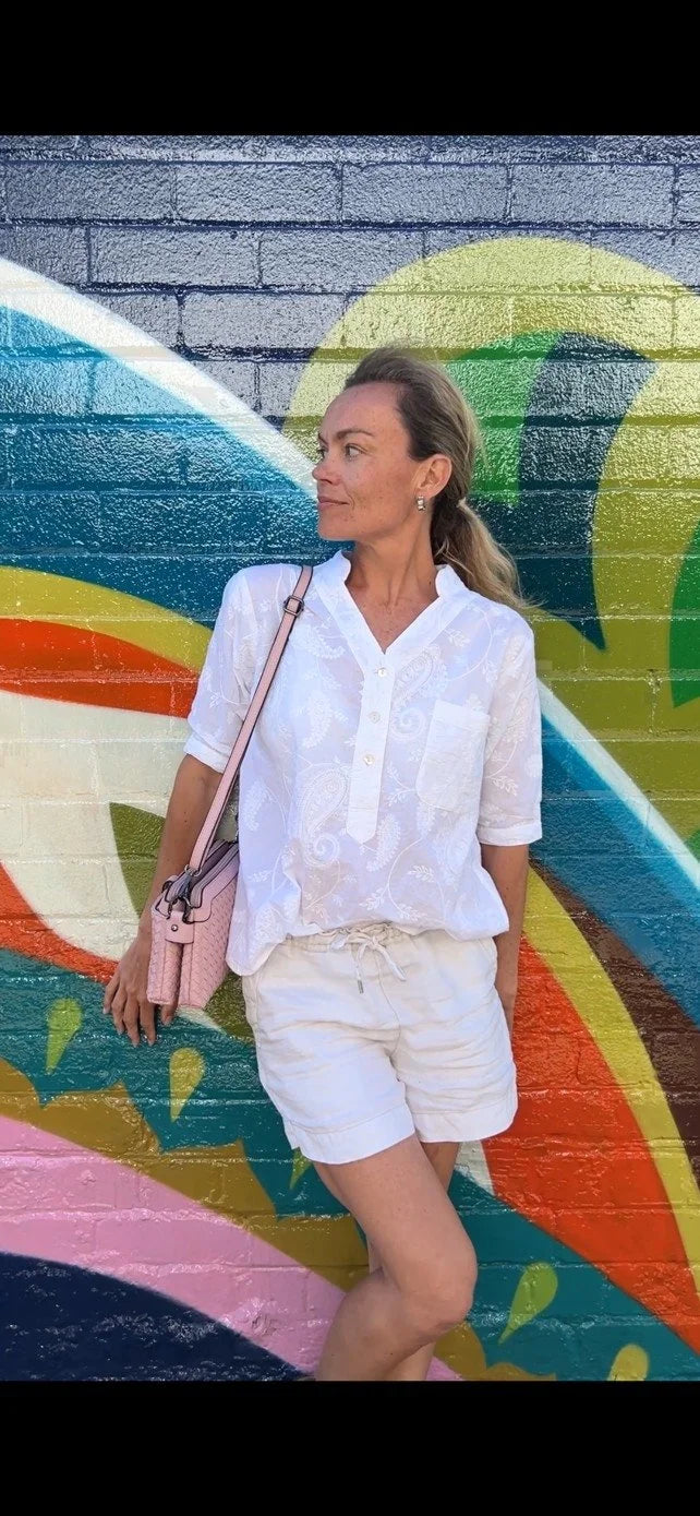 Yasmin Short sleeve Shirt in paisley white embroidered pure cotton