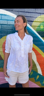 Yasmin Short sleeve Shirt in paisley white embroidered pure cotton