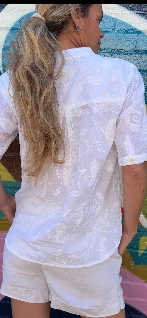 Yasmin Short sleeve Shirt in paisley white embroidered pure cotton