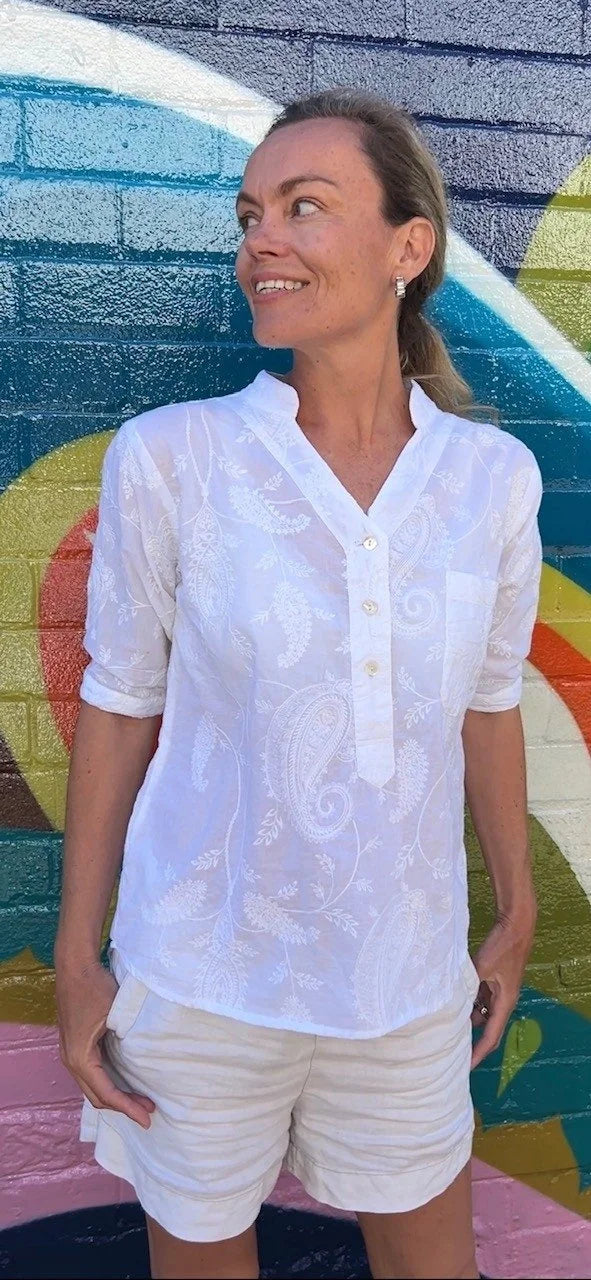 Yasmin Short sleeve Shirt in paisley white embroidered pure cotton