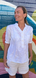 Yasmin Short sleeve Shirt in paisley white embroidered pure cotton