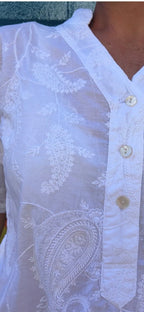 Yasmin Short sleeve Shirt in paisley white embroidered pure cotton