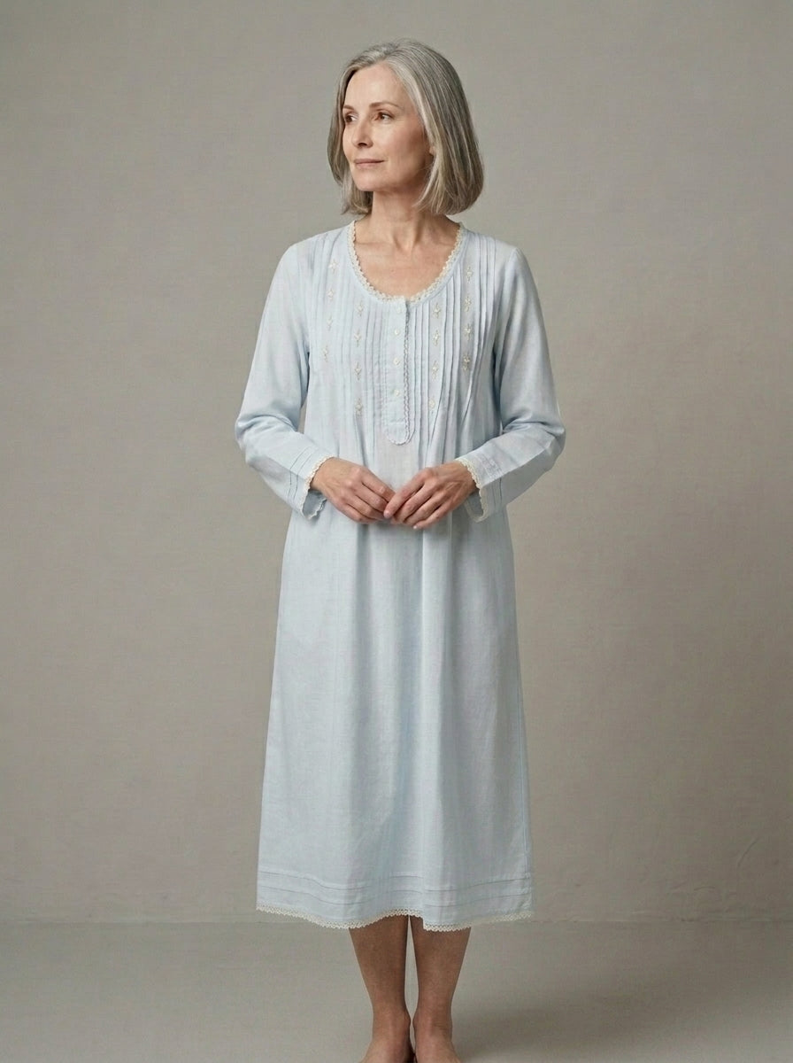 Beatrice Brushed Cotton Long Sleeve light blue Nightgown