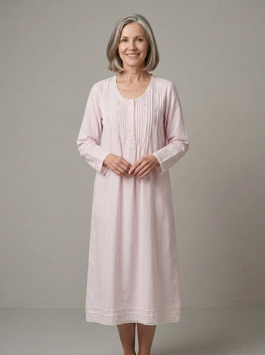 Beatrice Brushed Cotton Long Sleeve soft pink Nightgown