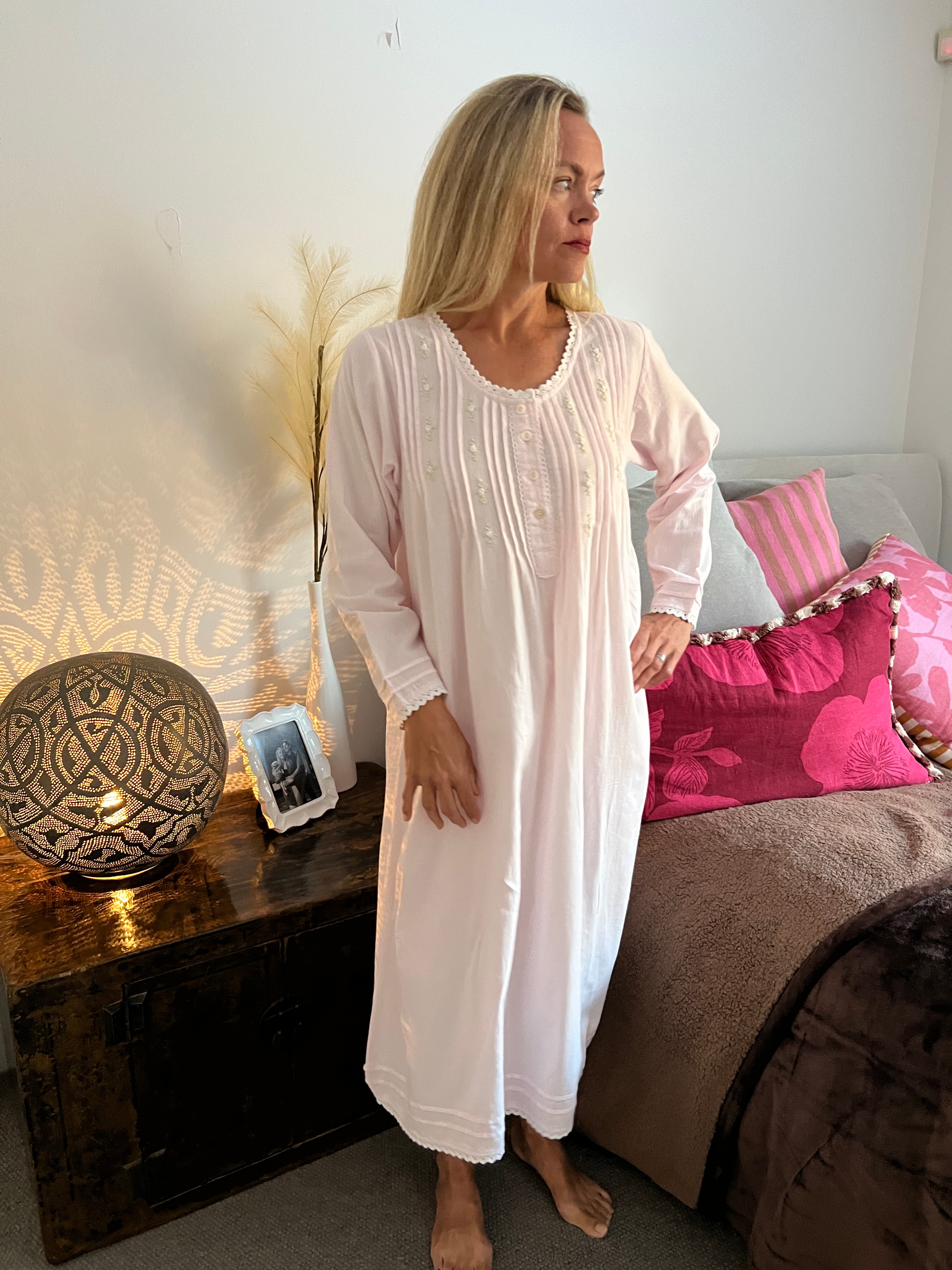 Beatrice Brushed Cotton Long Sleeve soft pink Nightgown