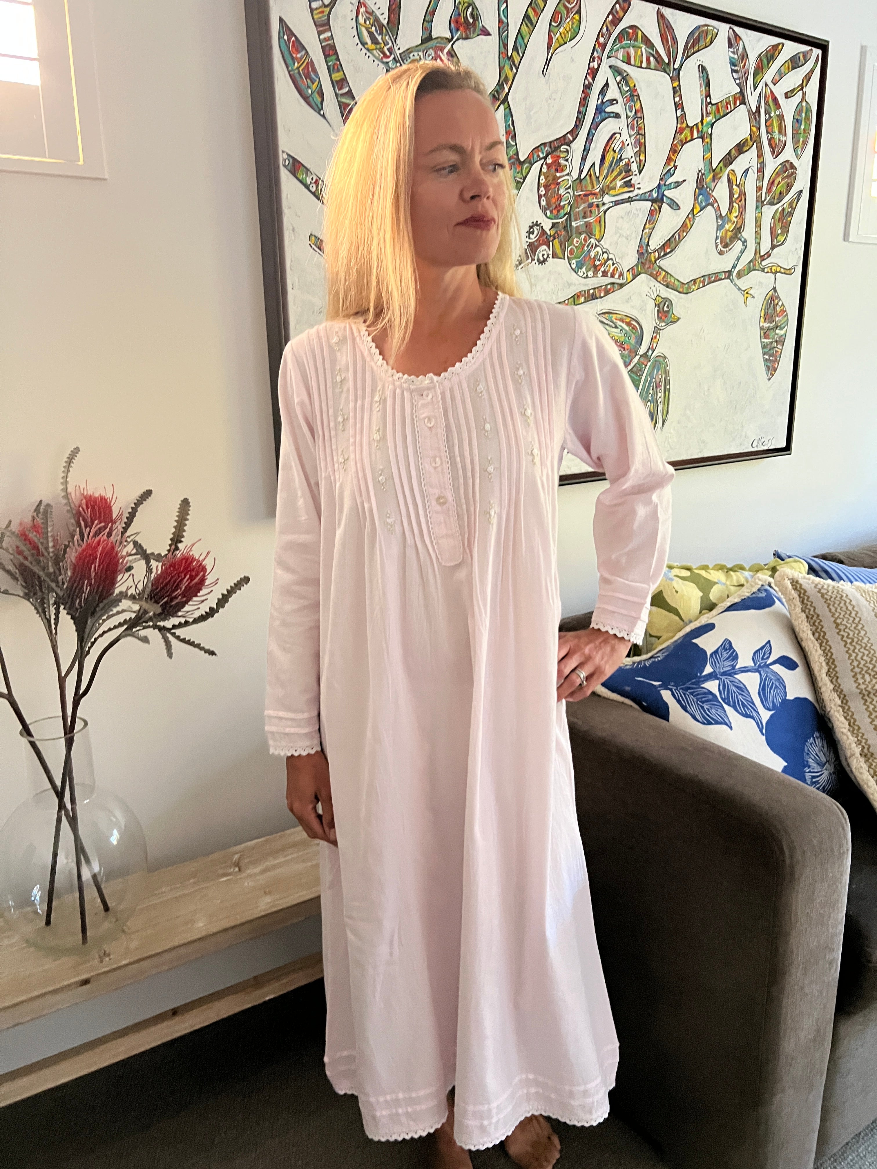 Beatrice Brushed Cotton Long Sleeve soft pink Nightgown
