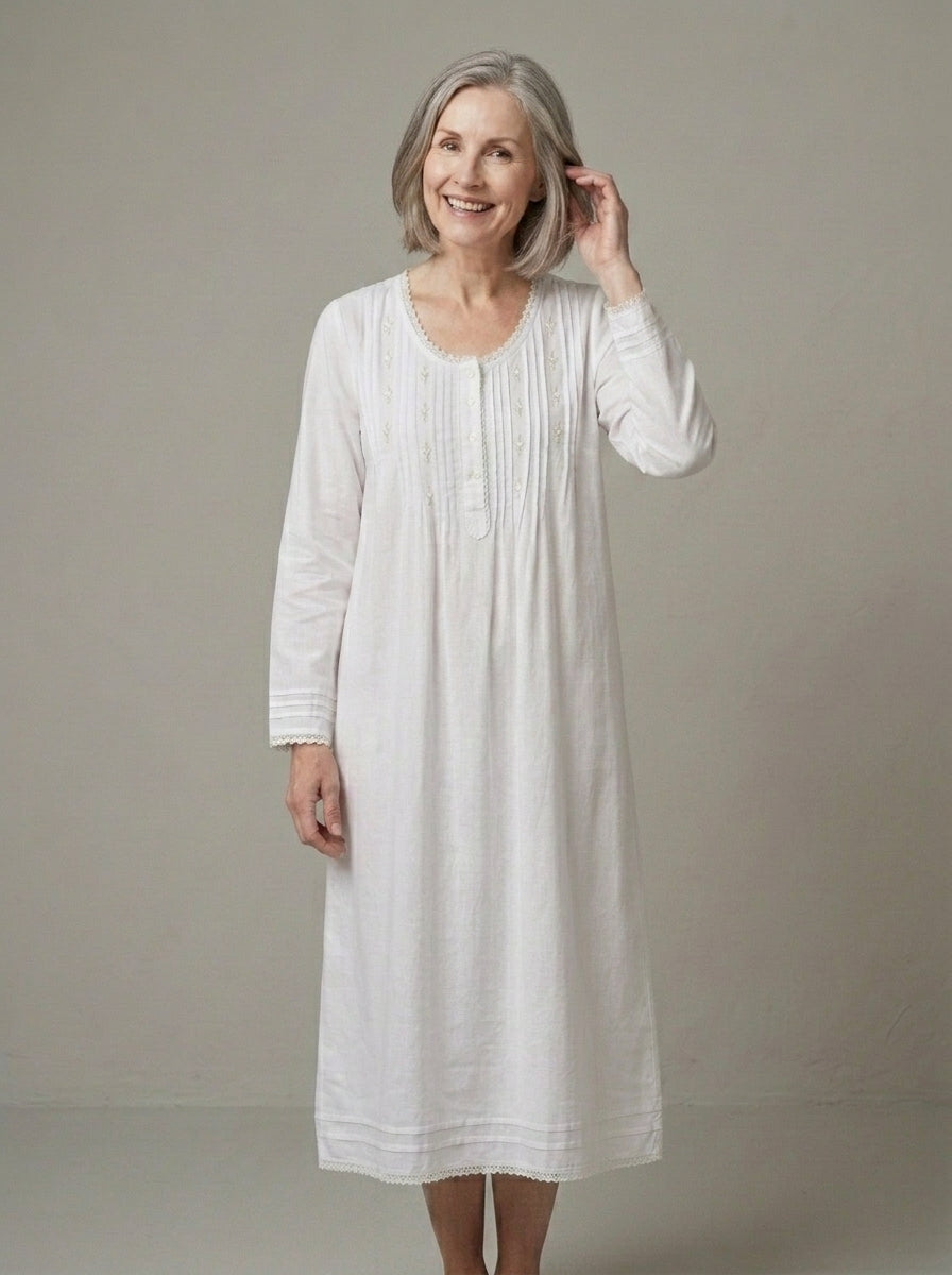 Beatrice Brushed Cotton Long Sleeve white Nightgown