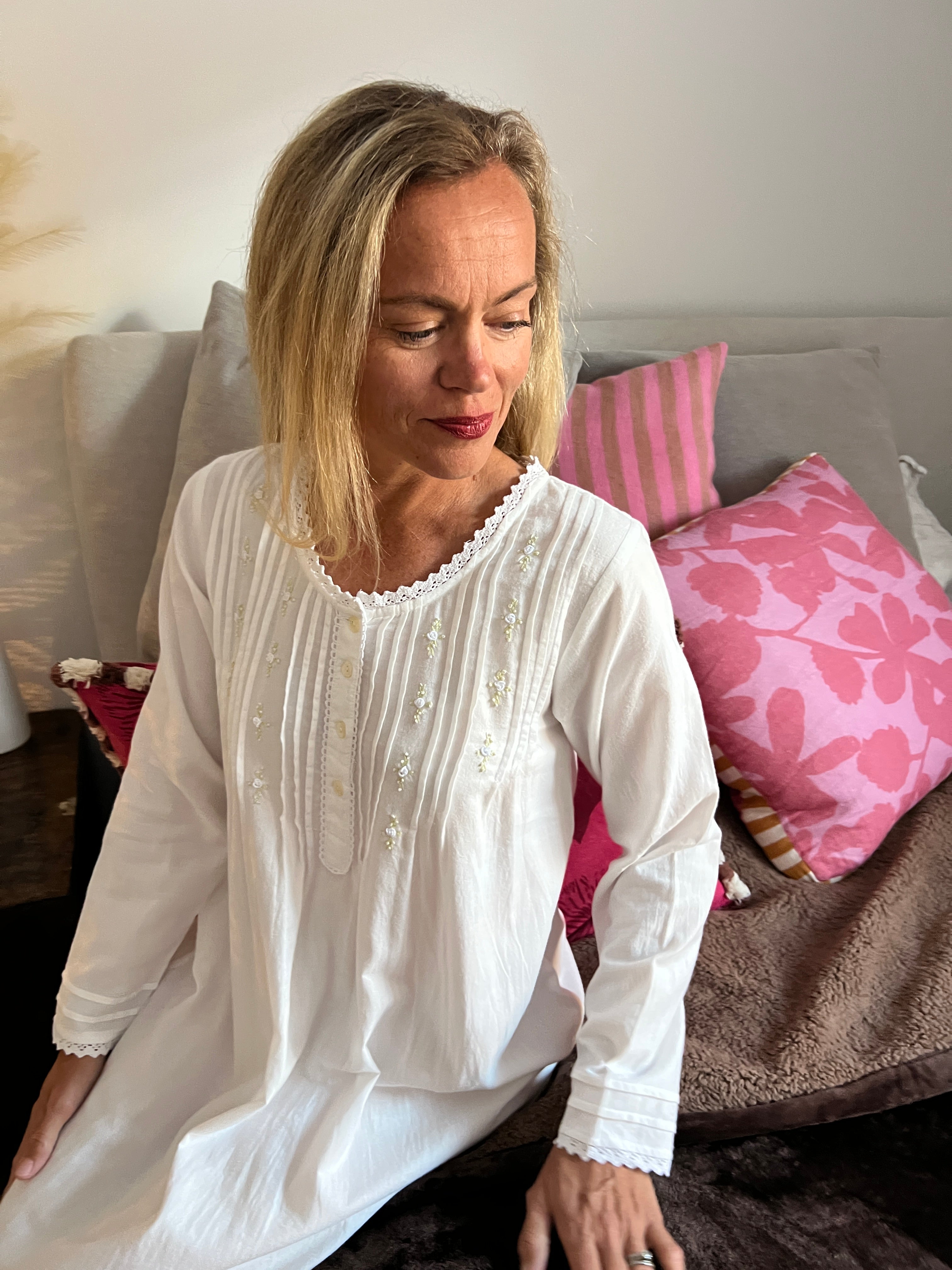 Beatrice Brushed Cotton Long Sleeve white Nightgown