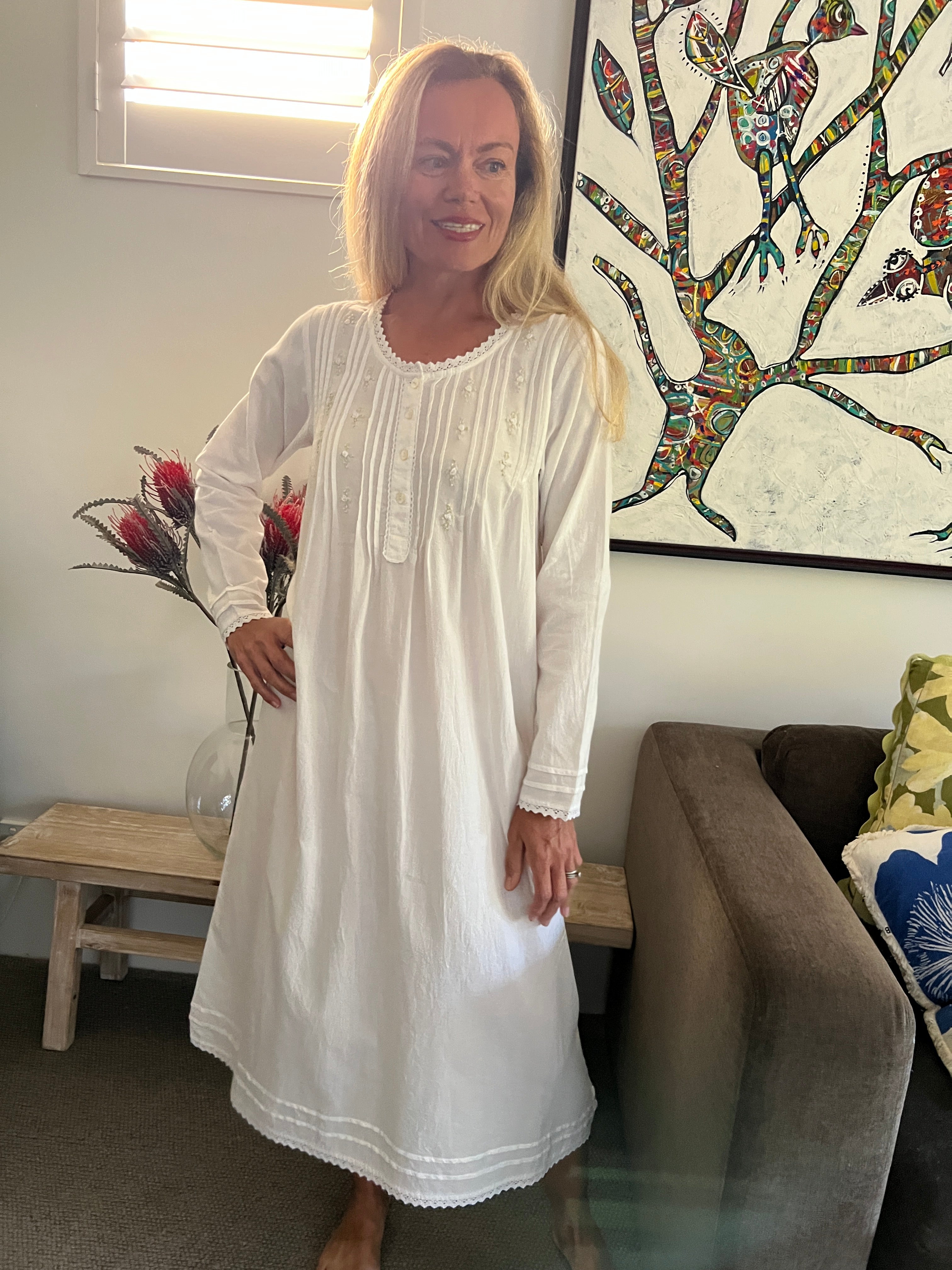 Beatrice Brushed Cotton Long Sleeve white Nightgown