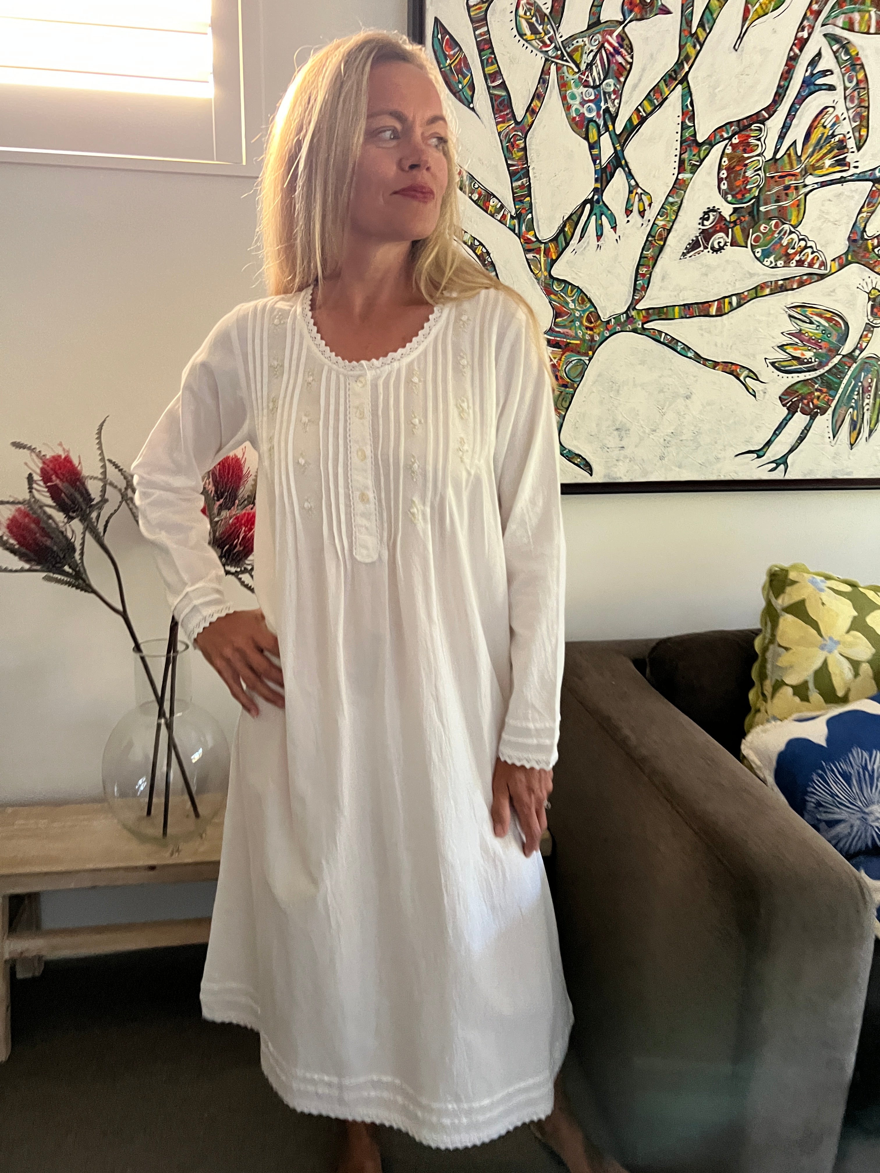 Beatrice Brushed Cotton Long Sleeve white Nightgown