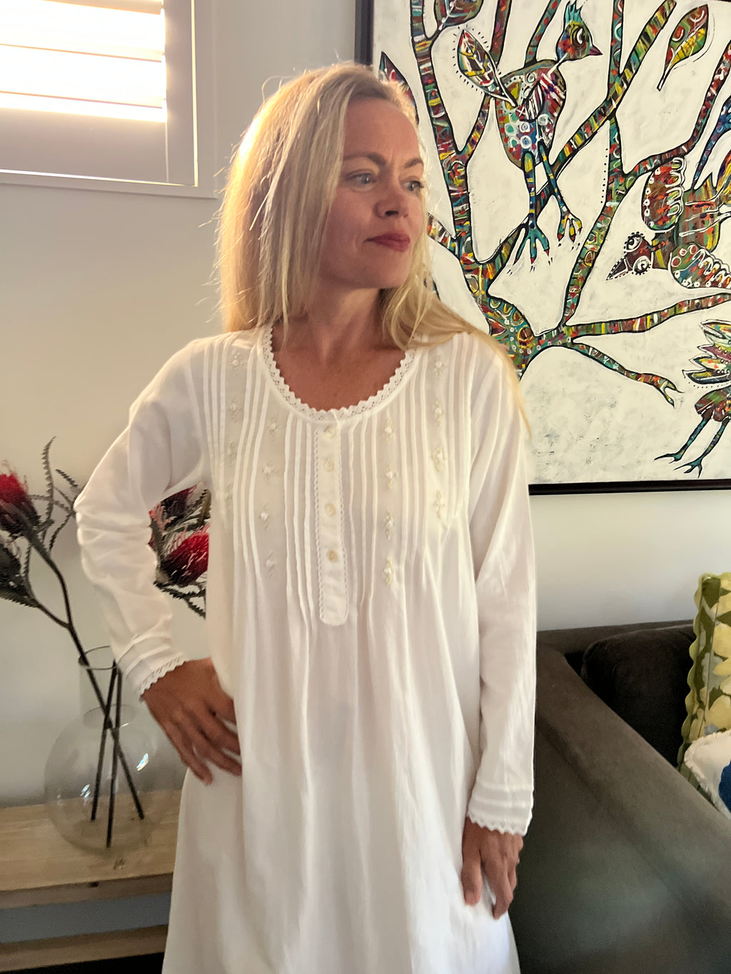 Beatrice Brushed Cotton Long Sleeve white Nightgown