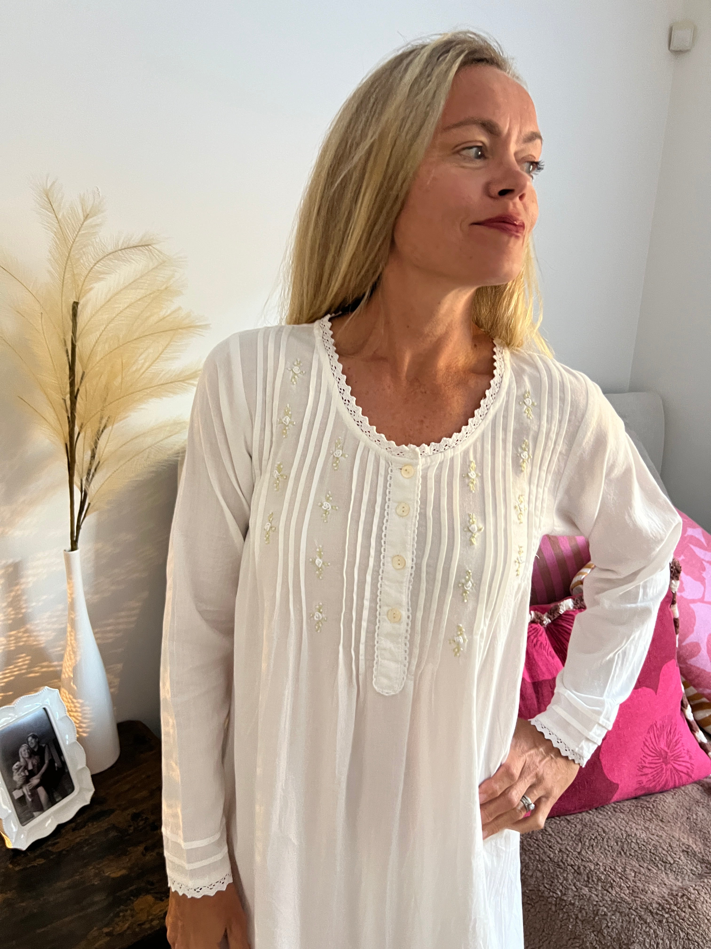 Beatrice Brushed Cotton Long Sleeve white Nightgown