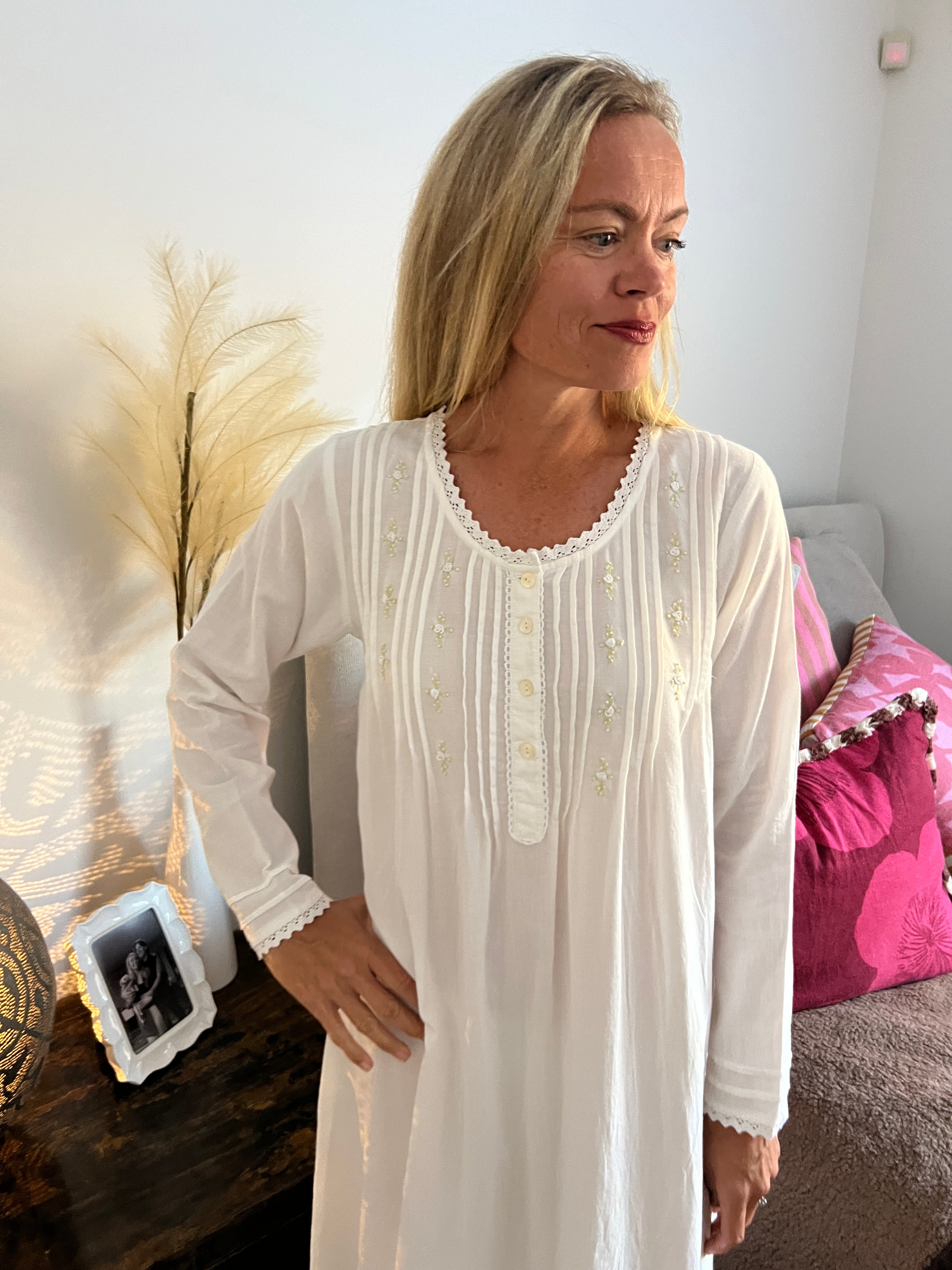 Beatrice Brushed Cotton Long Sleeve white Nightgown