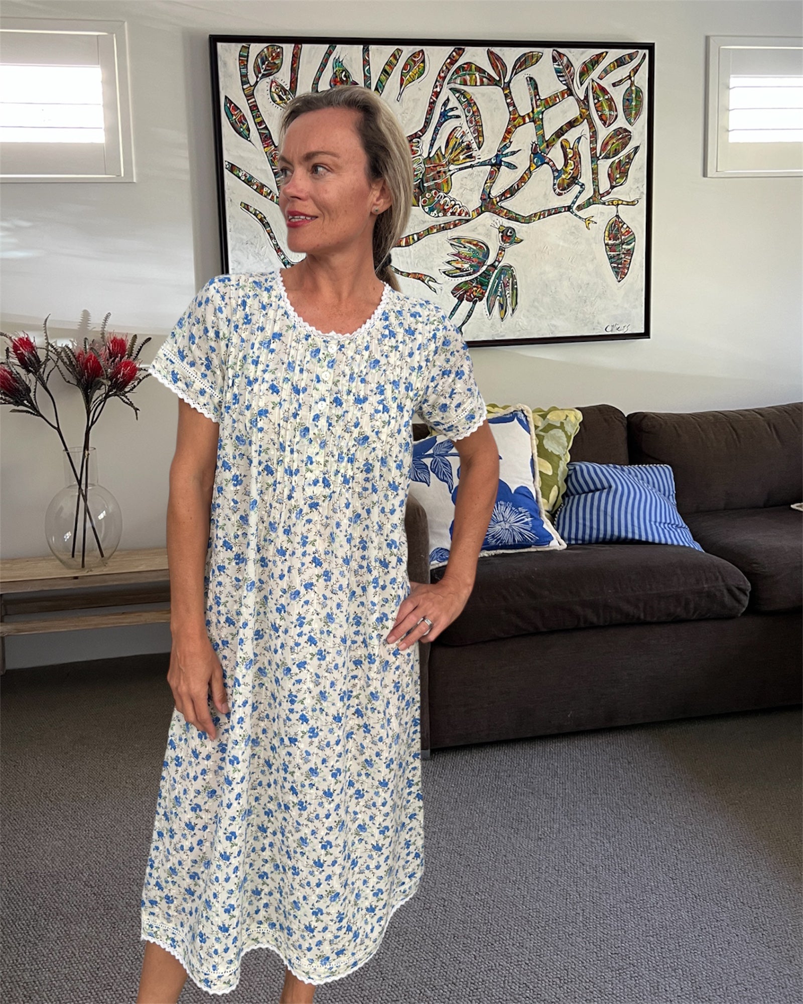 Betty in Blue Flower Pure Cambric Cotton Short Sleeve Nightie