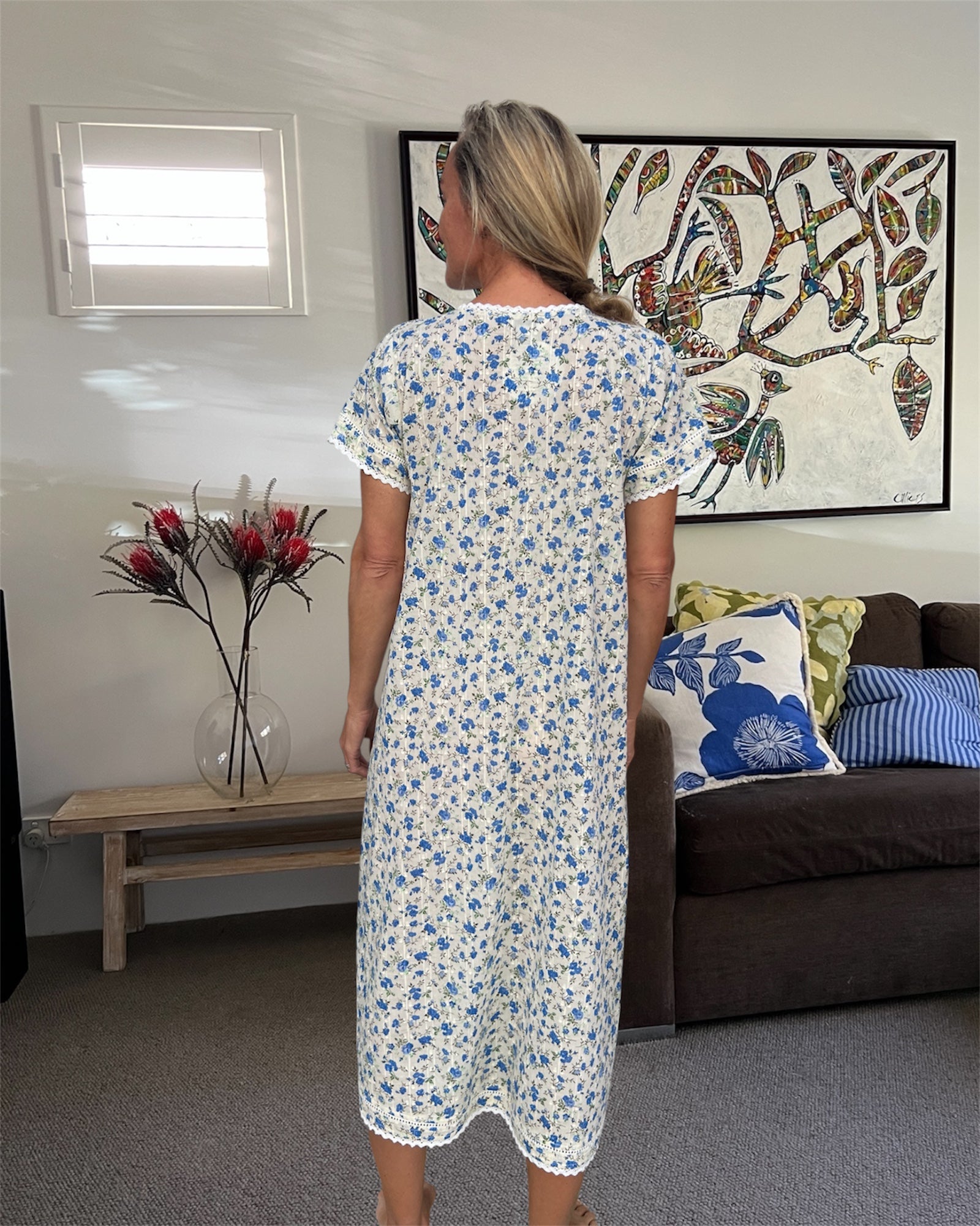 Betty in Blue Flower Pure Cambric Cotton Short Sleeve Nightie