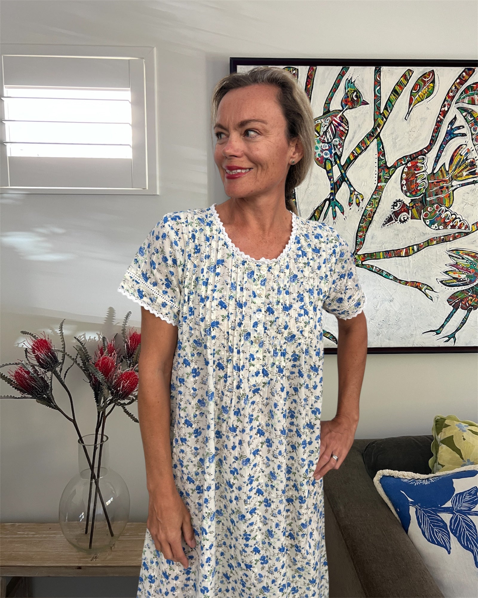 Betty in Blue Flower Pure Cambric Cotton Short Sleeve Nightie