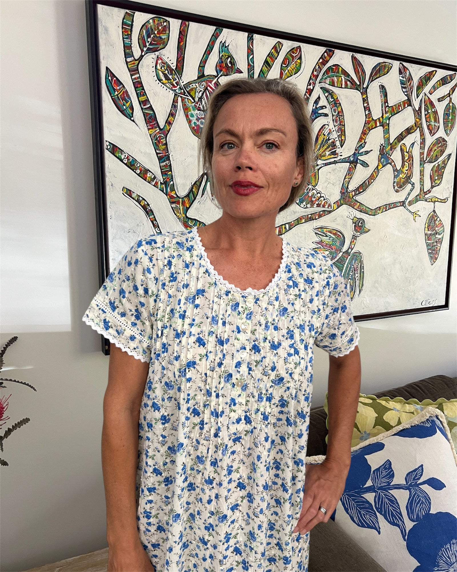 Betty in Blue Flower Pure Cambric Cotton Short Sleeve Nightie