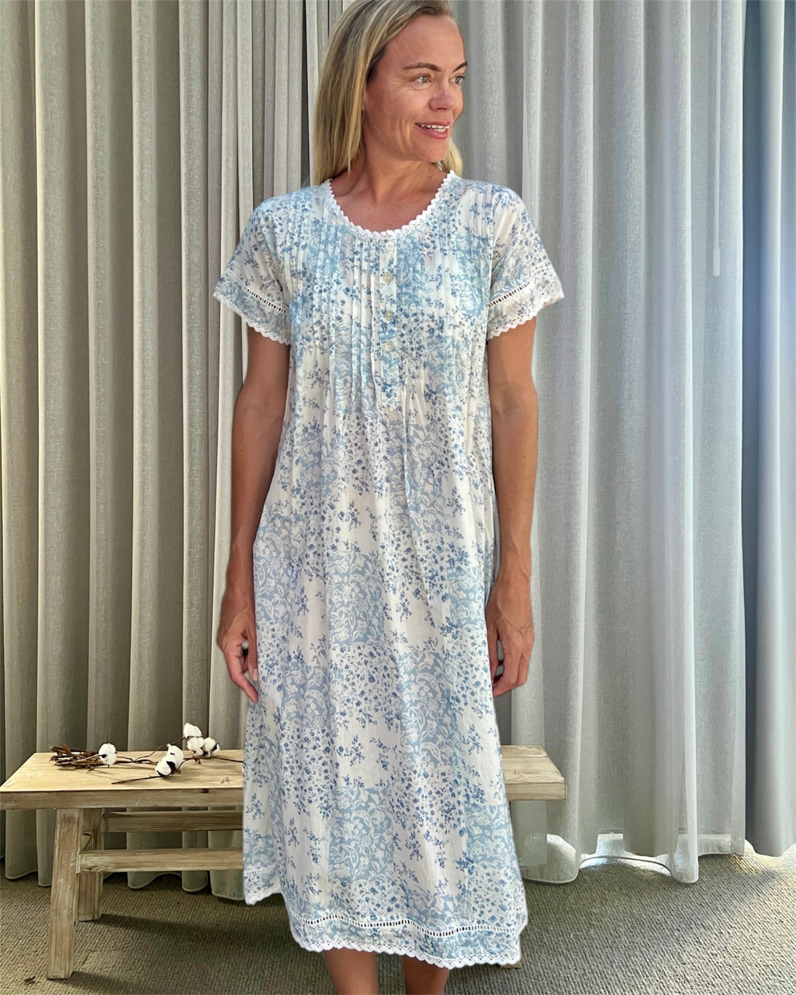 Betty in floral blue check Pure Cotton Short Sleeve Nightie