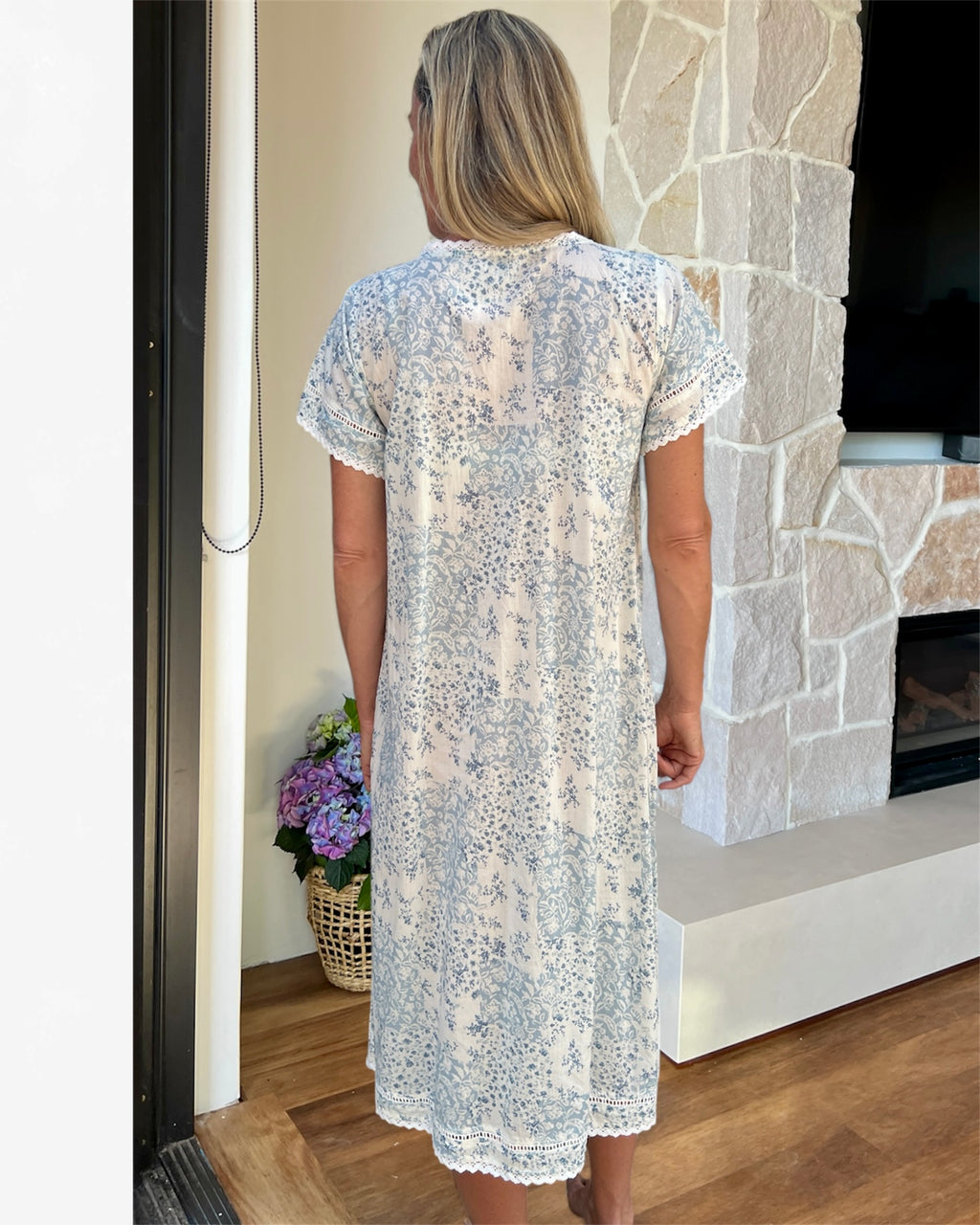 Betty in floral blue check Pure Cotton Short Sleeve Nightie