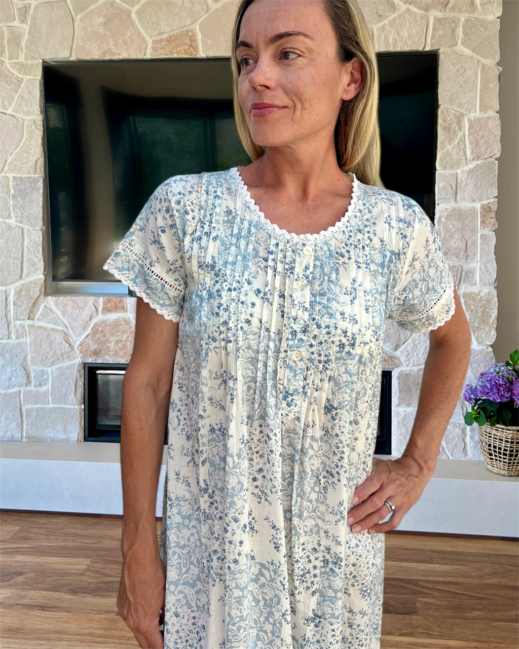 Betty in floral blue check Pure Cotton Short Sleeve Nightie