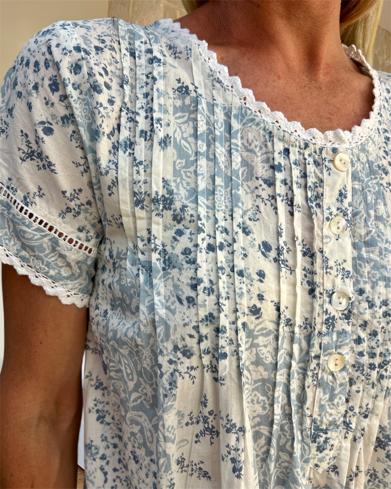 Betty in floral blue check Pure Cotton Short Sleeve Nightie