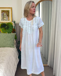 Betty nightgown in soft blue cotton voile, short sleeve with hand embroidered roses