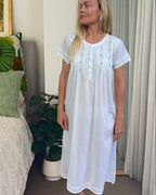 Betty nightgown in soft blue cotton voile, short sleeve with hand embroidered roses