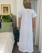 Betty nightgown in soft blue cotton voile, short sleeve with hand embroidered roses