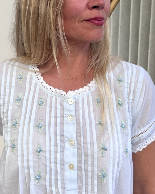 Betty nightgown in soft blue cotton voile, short sleeve with hand embroidered roses