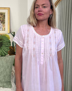 Betty nightgown in soft pink cotton voile, short sleeve with hand embroidered roses