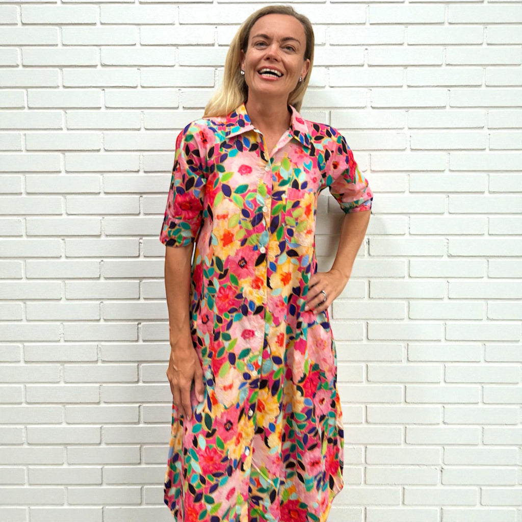 Brianna pure cotton shirt dress  in flower salad