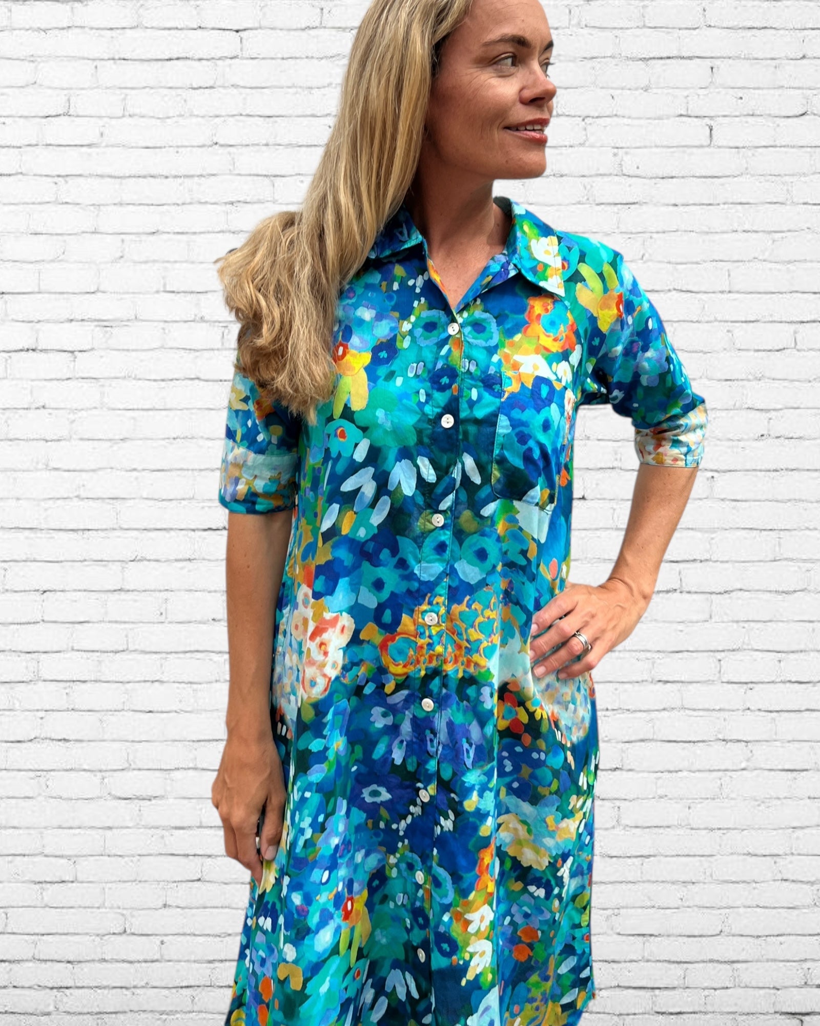 Brianna pure cotton shirt dress  in  our electric blue flowers